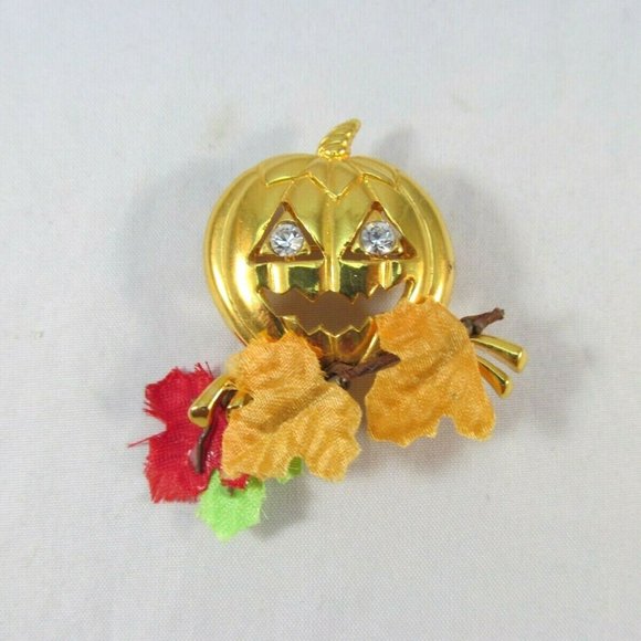 Pumpkin Brooch with Rhinestone Eyes Autumn Leaves - Picture 11 of 11